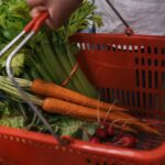 close up shot of a person holding a grocery basket with vegetables