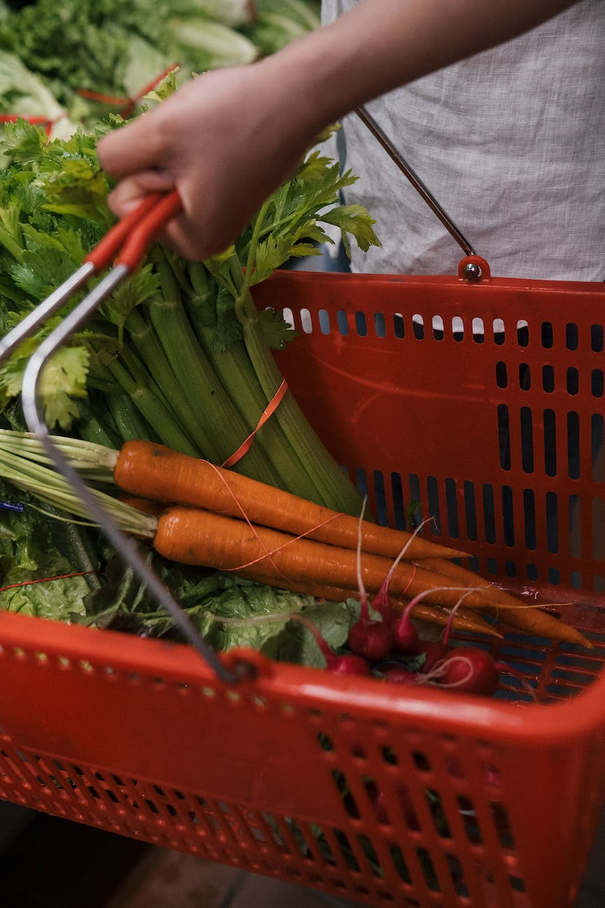 close up shot of a person holding a grocery basket with vegetables
