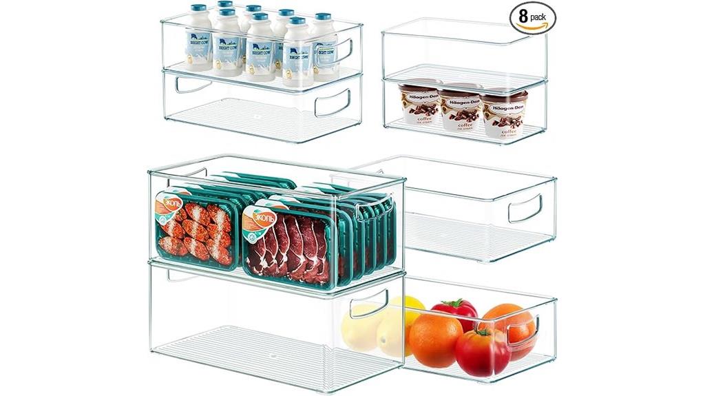 eight clear freezer bins