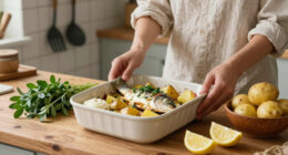 Rachel Roddy’s recipe for baked fish and potatoes with oregano and lemon mayonnaise | A kitchen in Rome